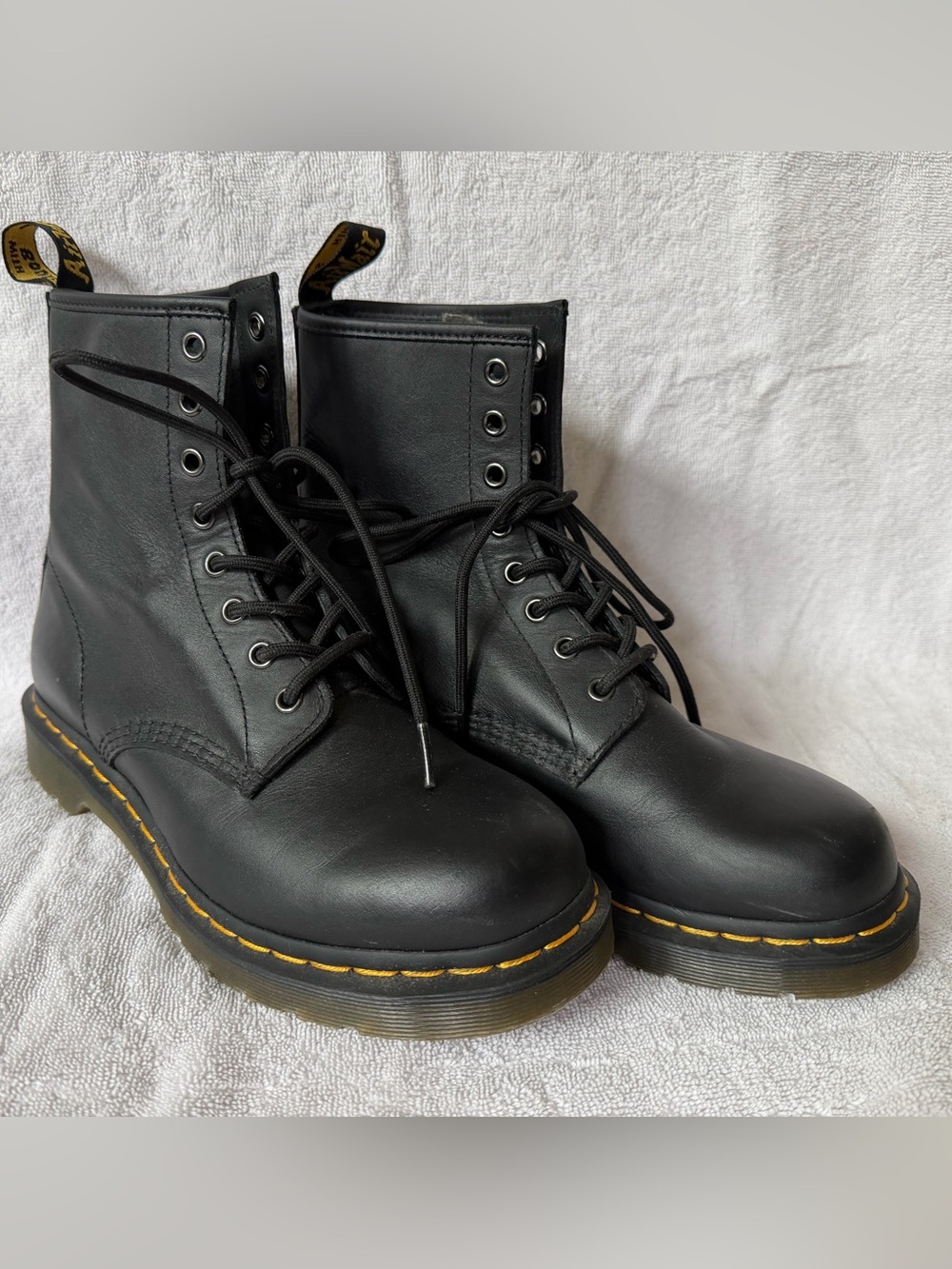 Dr. Martens Women’s Black Leather  Lace-Up Combat Boots with Yellow Welt Stitch